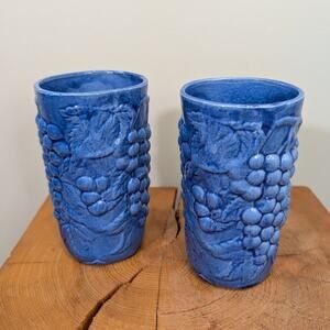 Inarco Pottery Cups Mood Indigo Grapevine Motif Blue Ceramic Stoneware Set of 2
